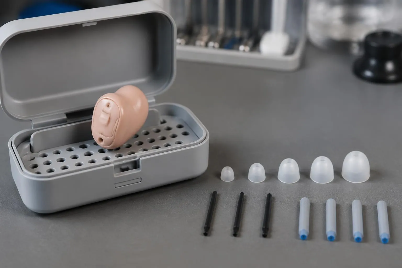 Un contour d’oreille posé sur sa boîte de séchage, embouts et filtres à côté
