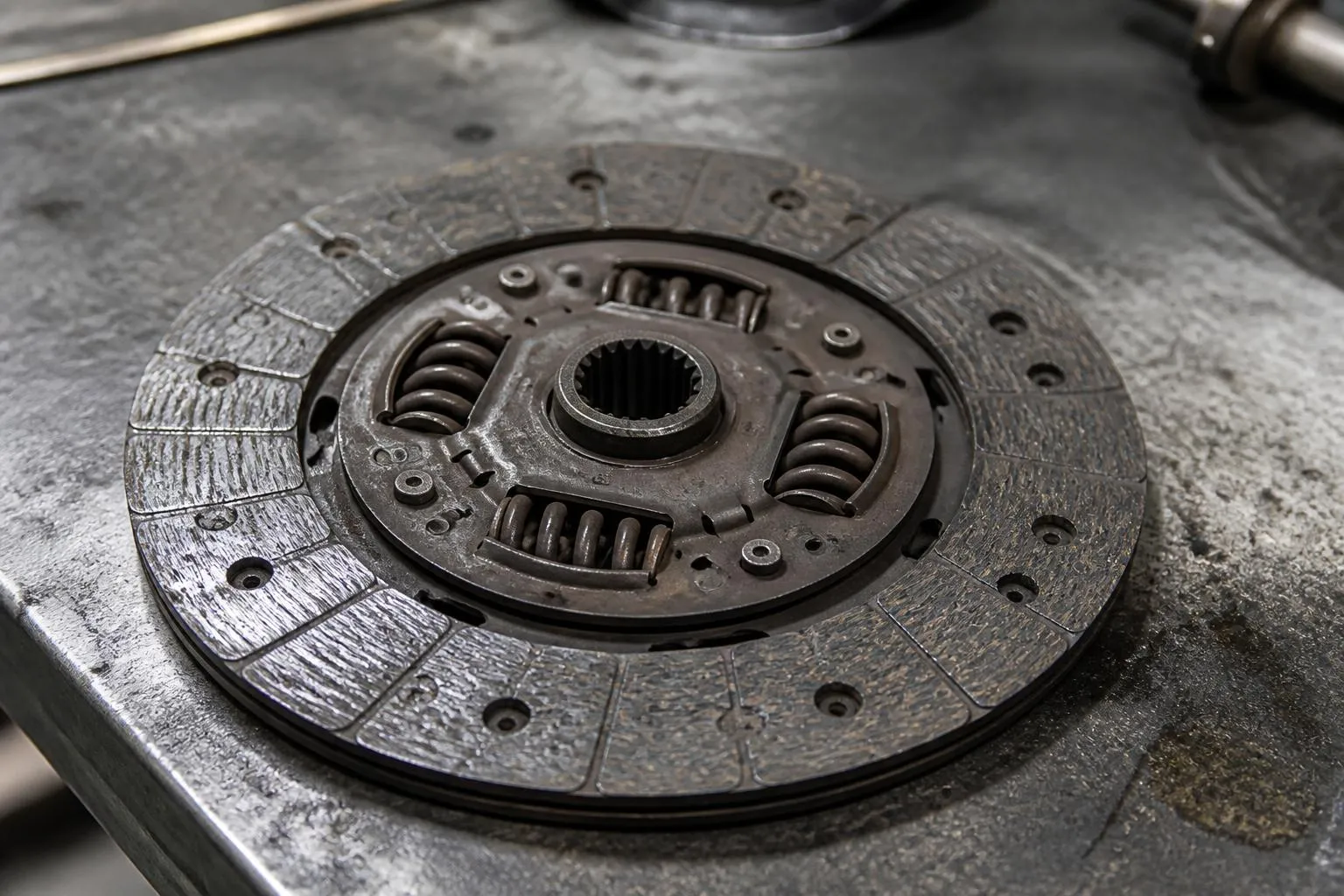 Un disque d’embrayage usé posé sur un établi d’atelier