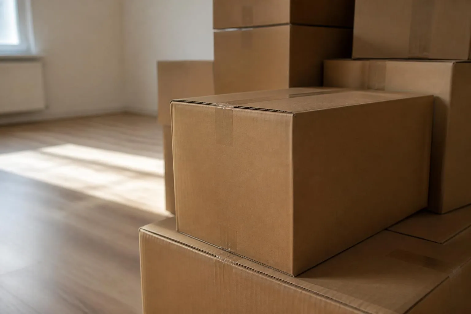 Des cartons fermés empilés dans une pièce vide
