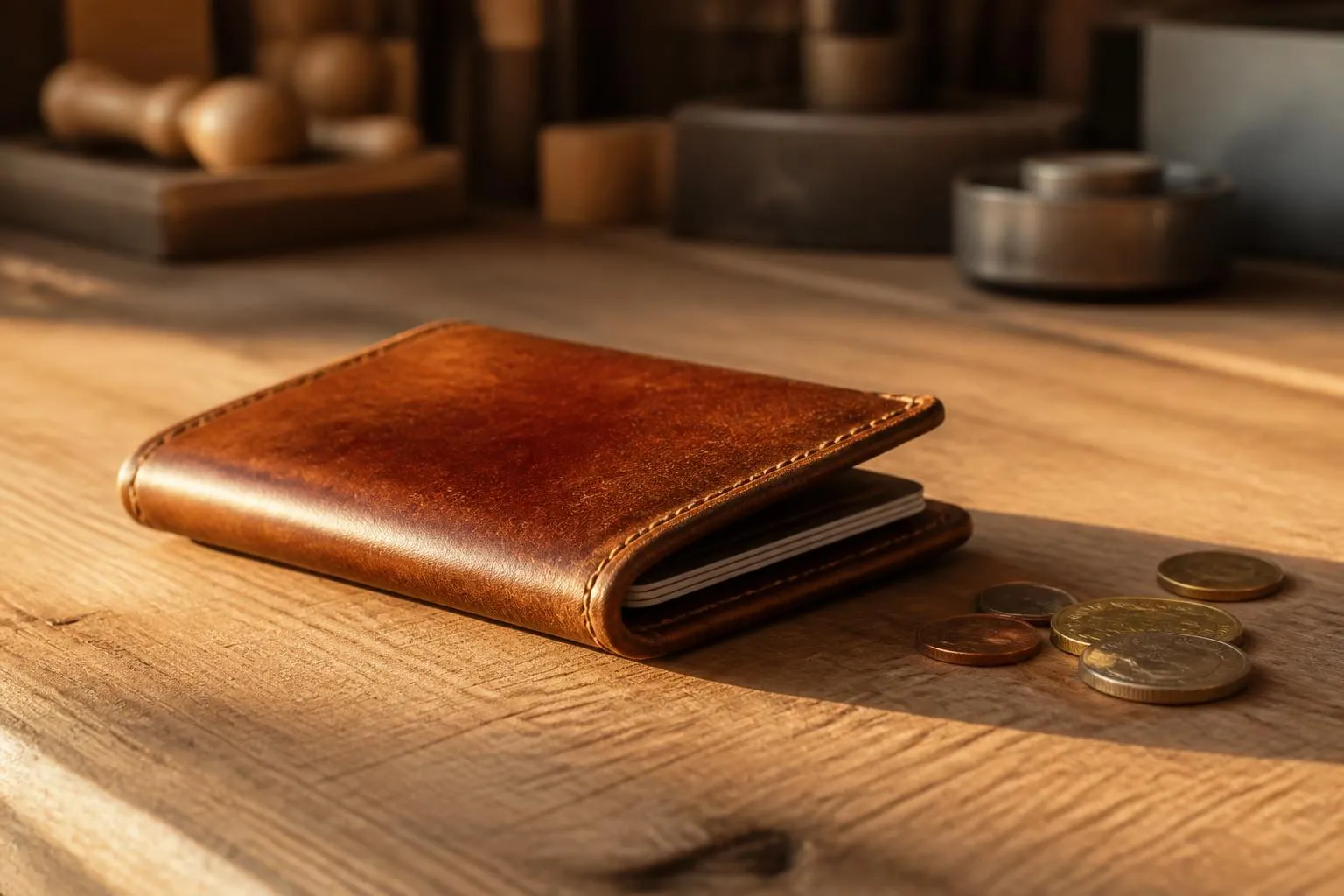 Un porte-cartes en cuir usé, entrouvert sur un comptoir de bois