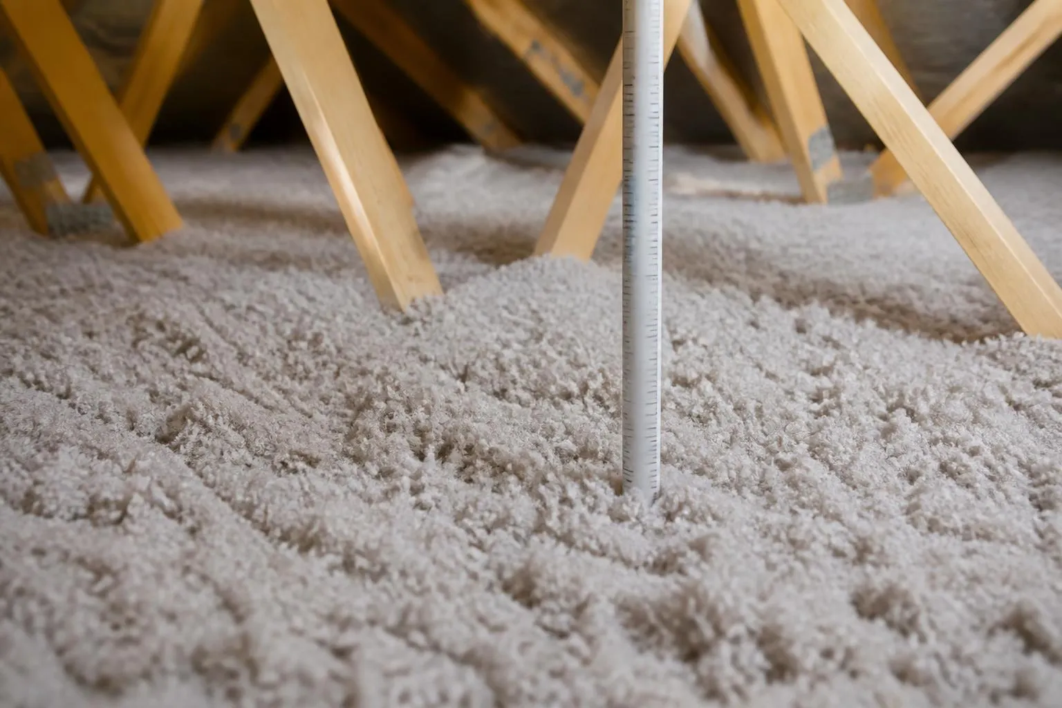 Un plancher de combles couvert de flocons de laine soufflée, entre les fermettes de la charpente