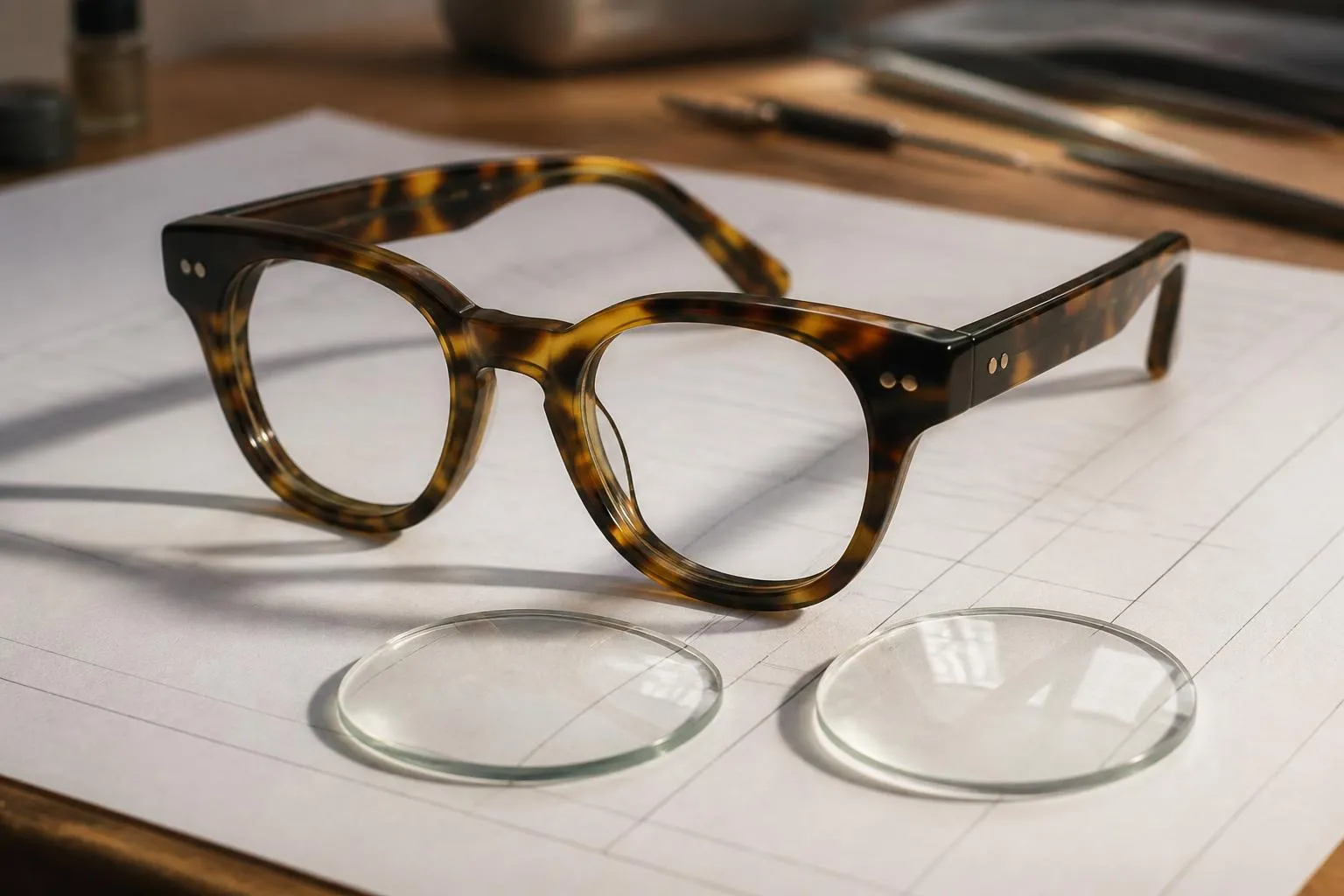 Une monture en acétate posée sur un devis d’opticien, verres démontés à côté