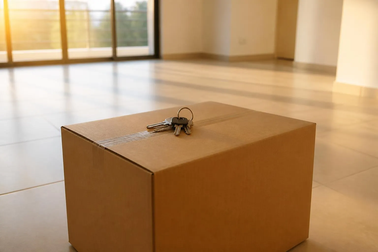 Un carton de déménagement fermé et un trousseau de clés sur le carrelage d'un appartement vide