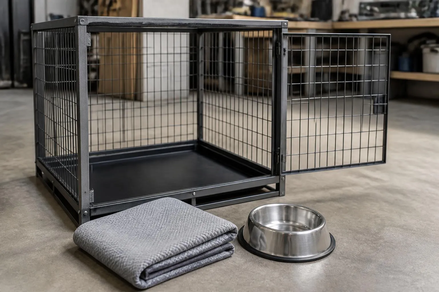 Un box de chenil vide, couverture pliée et gamelle en inox posées sur le béton