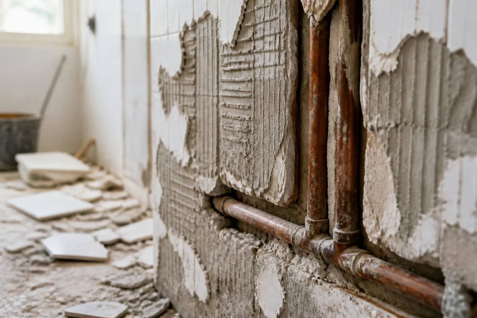 Un mur de salle de bain dont la faïence a été piquée, colle et canalisations encastrées apparentes