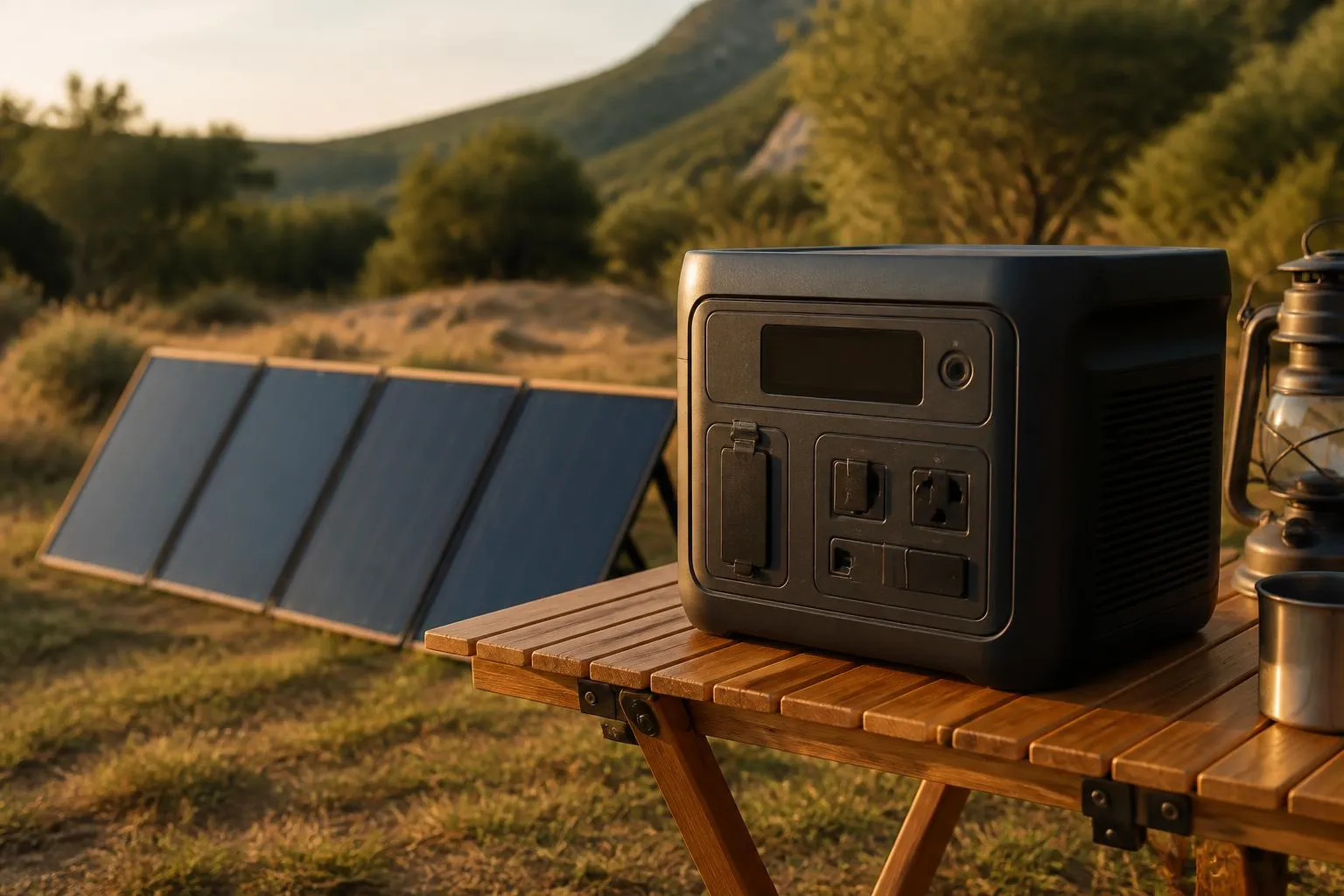 station électrique portable posée sur une table de camping, panneau solaire pliable appuyé contre un arbre