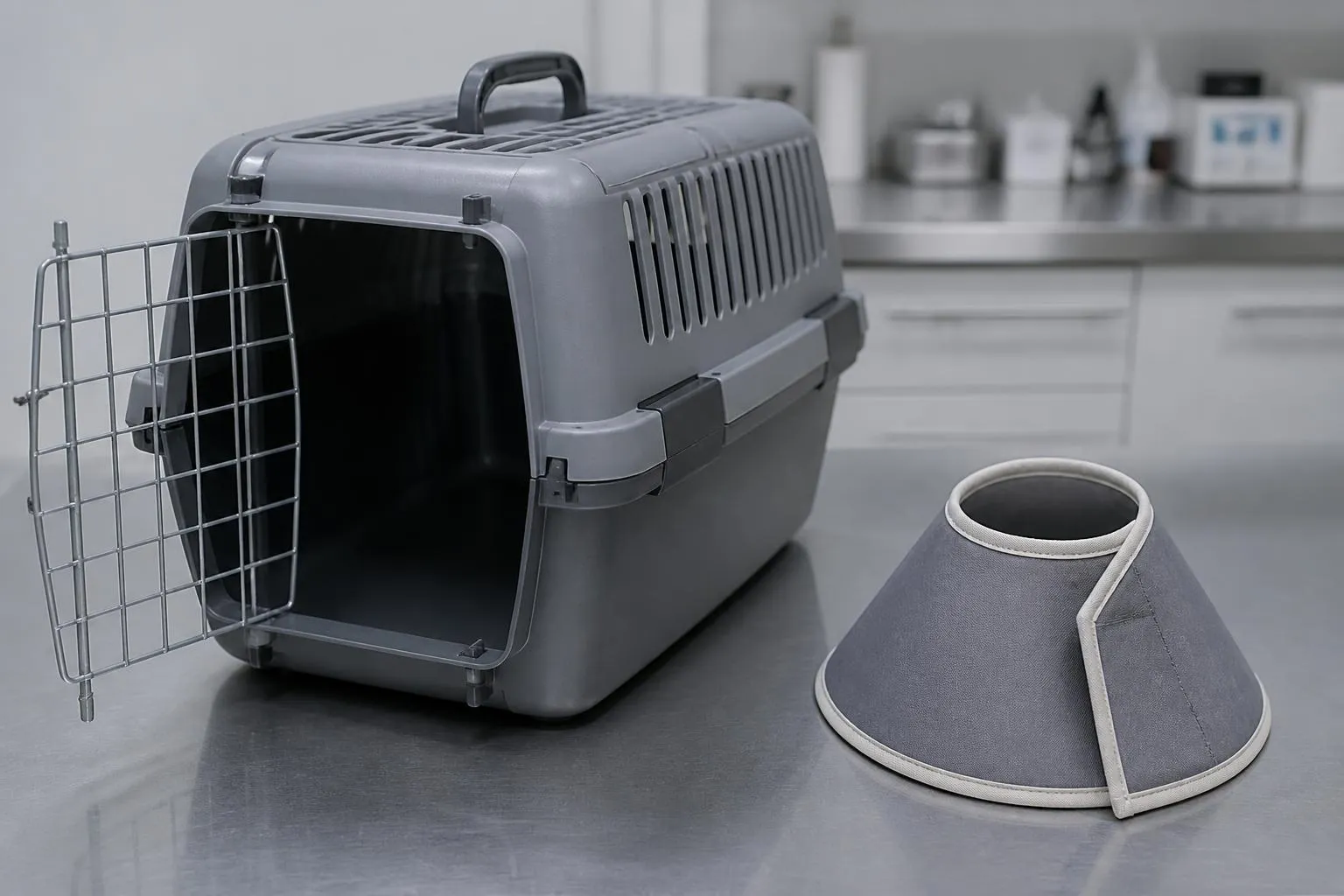 Une cage de transport en plastique ouverte et une collerette souple posées sur une paillasse