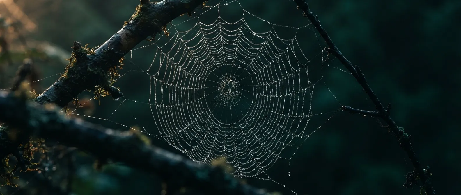 Une toile d'araignée couverte de rosée, tendue entre deux branches